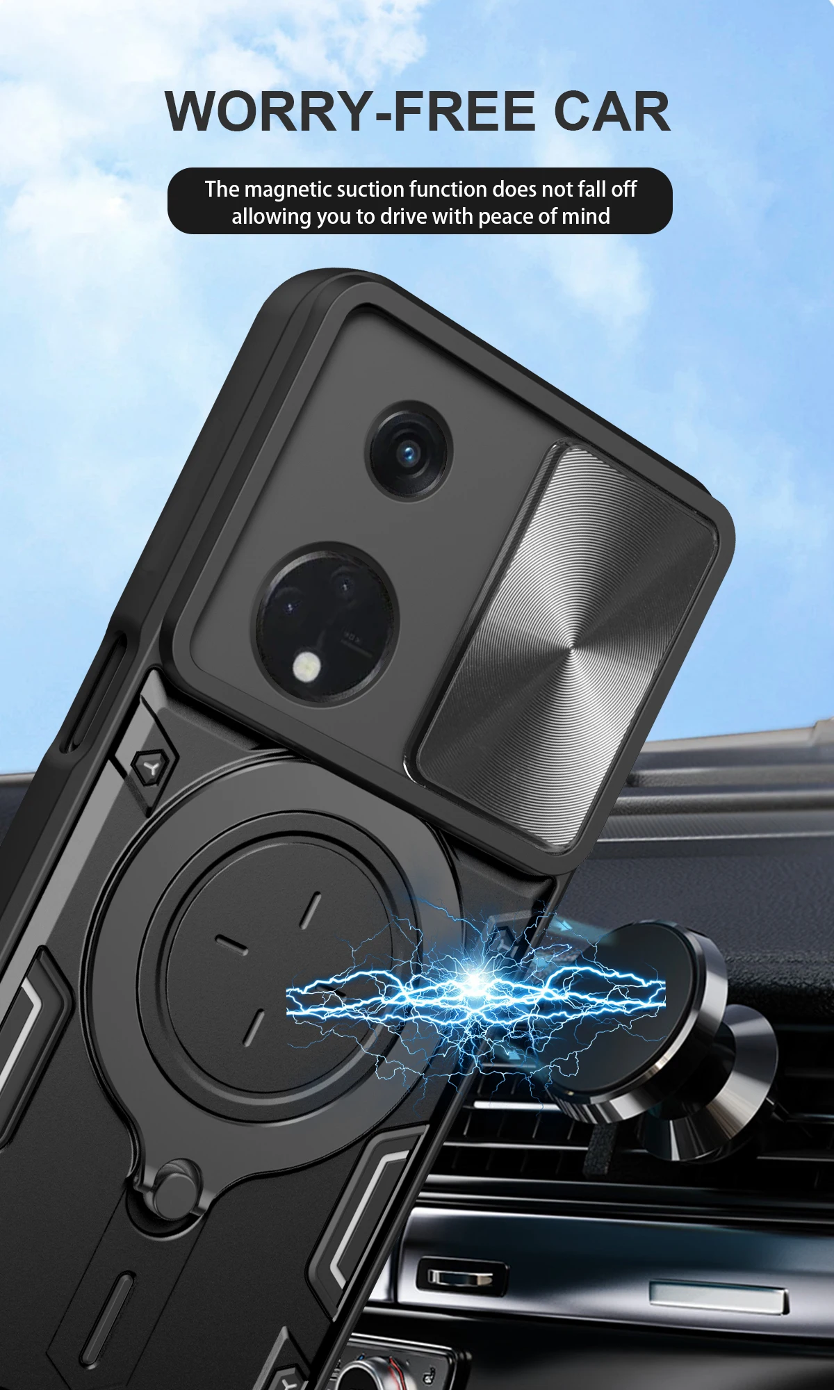Slide Camera Case for Oppo A1 Pro PHQ110 Luxury Car Mount Magnetic Holder Soft Edges Hard Armor Shockproof Phone Cover OppoA1Pro