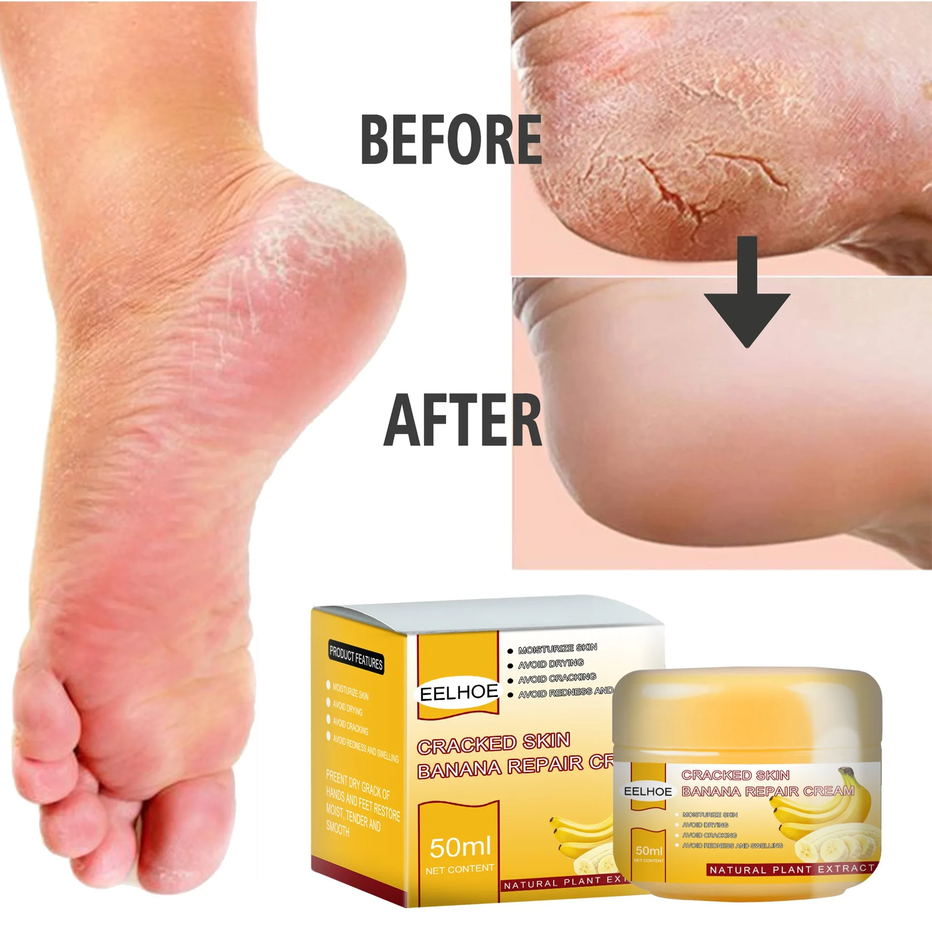 

Banana Anti Crack Foot Cream Vitamin E Anti-Drying Crack Foot Cream Oil Heel Cracked Repair Removal Dead Skin Hand Feet Care 50g