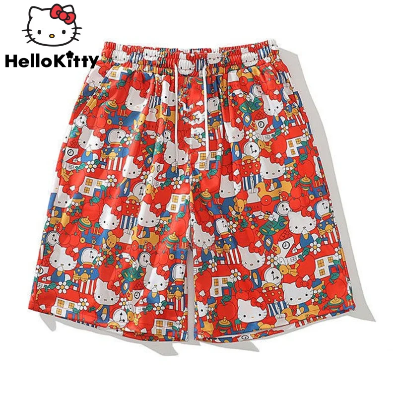 Hello Kitty Cartoon Printed Shorts Y2k Girl Summer Wide Leg Sports Pants Loose Casual Harajuku Street Grunge Beach Pants Female