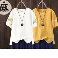 2022 summer new cotton and linen literary retro embroidered women casual shirts bottoming floral o neck tees