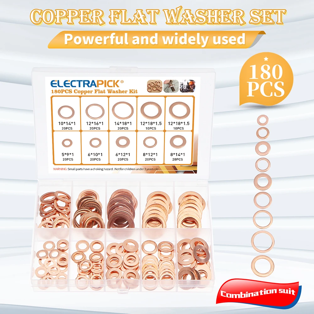 

180PCS Flat Washers Sealing Rings Copper Flat Assortment Brass-plated Washers Set 5/6/8/10/12/14 mm with Box Suitable for Screw