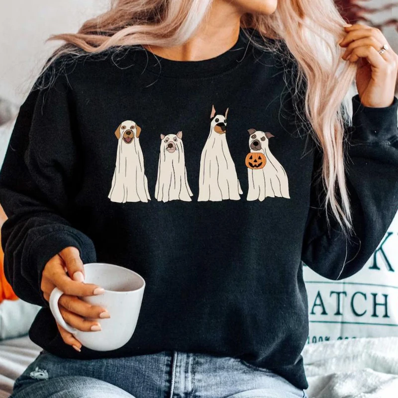 

Halloween Dog Sweatshirt Women Retro Ghost Spooky Season Hoodie Streetwear O Neck Sweatshits Casual Pullover Womans Clothing