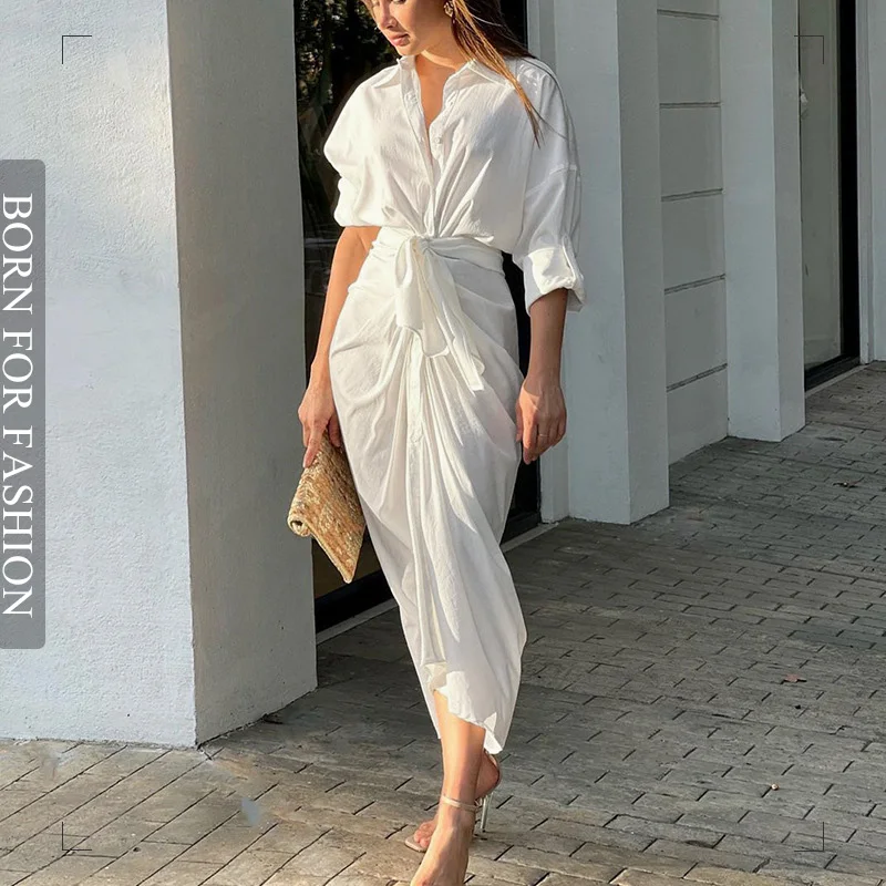 

Fashion Turn-down Collar Button Summer Bandage Shirt Dress Women 2023 Casual Office commuting lady mature woman Inside dress
