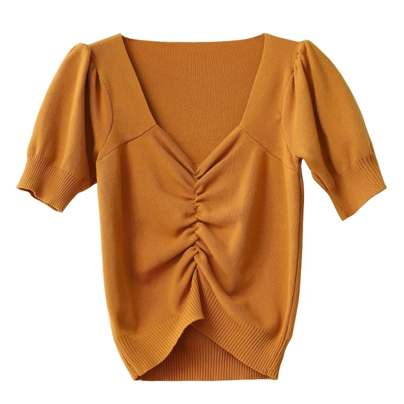 

New style Sweet Knitted Crop Tops with Short Sleeves Fashion Pleated V Neck Tee Shirt Women Summer T-shirt Basic Casual T-shirt