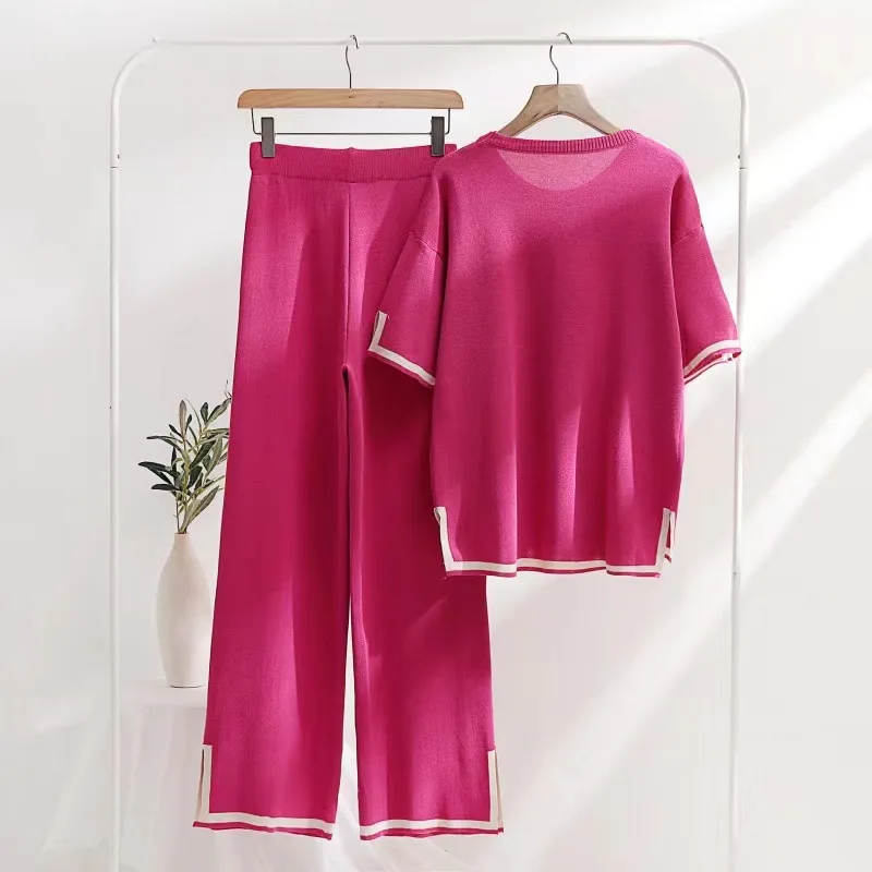 

Knit Two Piece Set Pajamas Women Side Split Short Sleeve High Waist Trouser Suits Sleepwear Female Spring Office Ladies Suit