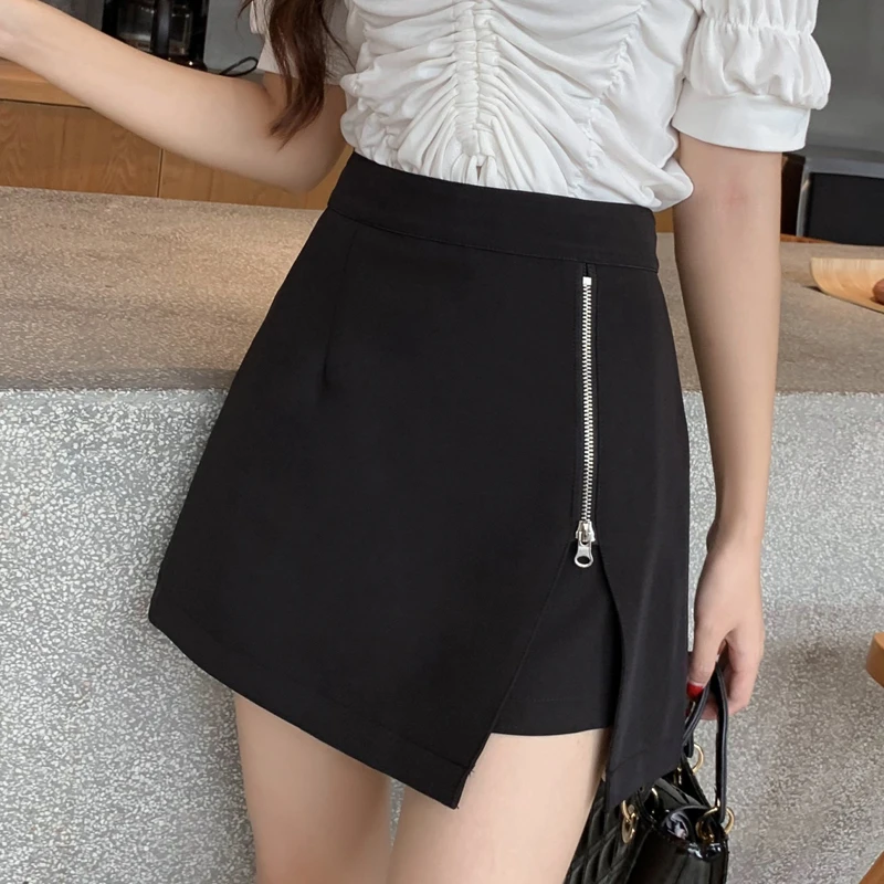 

Юбка женская на молнии, облегающие шорты с завышенной талией, короткие брюки с разрезом, черный цвет, на осень