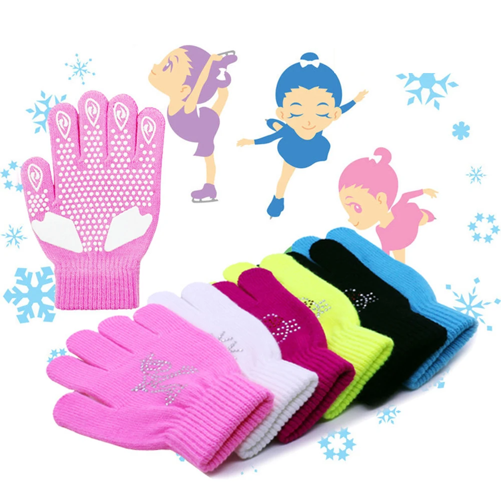 

1 Pair Girl Boy Ice Skating Gloves Non-Slip Stretch Glove With Clear Rhinestone Gift Warm Fleece Ice Skating Snow Protect Hands