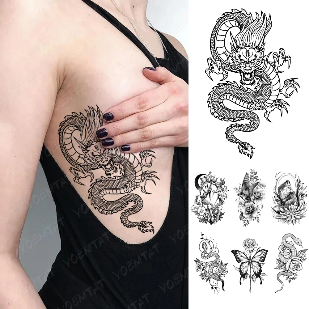 

Waterproof Temporary Tattoos For Women Sticker Dragon Snake Totem Animal Flash Tattoo Gothic Y2K Body Art Arm Fake Tatoo Men 3D
