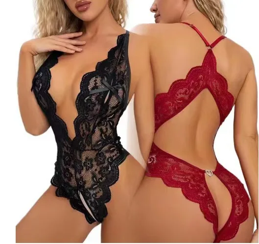 

Deep V Hot Sexy Underwear Women Bodysuit Lingerie Lace Floral See Through Open Crotch Bodysuit Neck open Bra Erotic Lingerie Set
