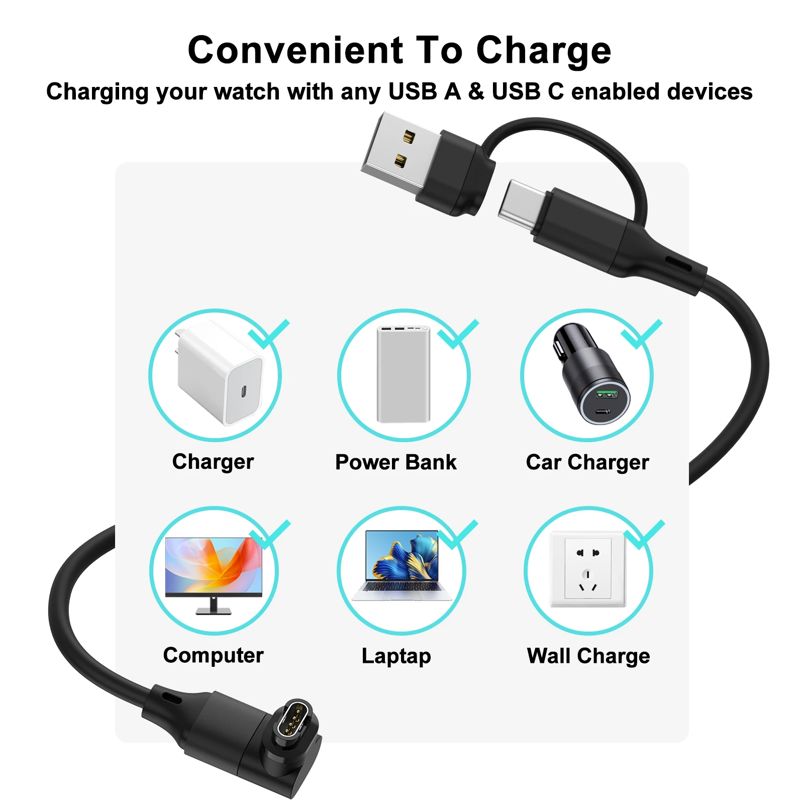 Фото 2IN1 USB/Type C Кабель для зарядного устройства для часов Garmin Fenix 8/E/7/7S/6/6X Venu2/Sq2/3/3S Instinct 3/2 Approach S70/S62/S42 Quatix 8/7/6 №2