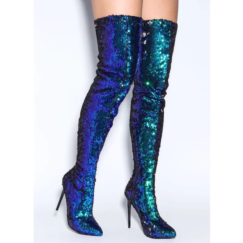 Яркие сапоги до бедра с блестками павлина женские выше колена на высоком