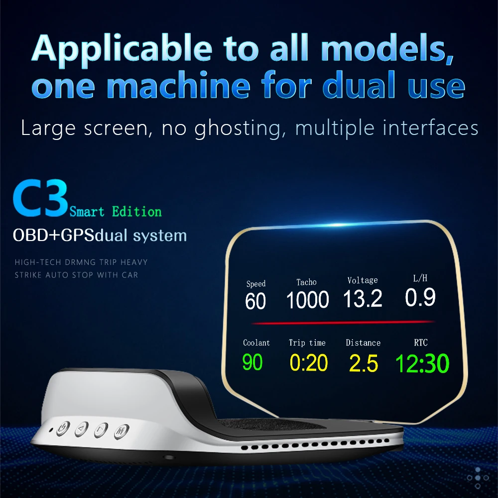 HUD C3 Автомобильный GPS-проектор, умный цифровой спидометр, бортовой компьютер, сигнализация безопасности на лобовое стекло, OBD2, обороты двигателя, температура воды и масла (art.: 3920dbda7b296) - 3920dbda7b296