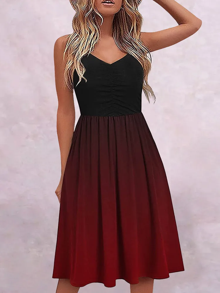 

Women's Gradient Ruched Spaghetti Strap Midi Dress Drape V Neck Strappy Cami Slip Dresses Sexy Sleeveless Party Club Dresses