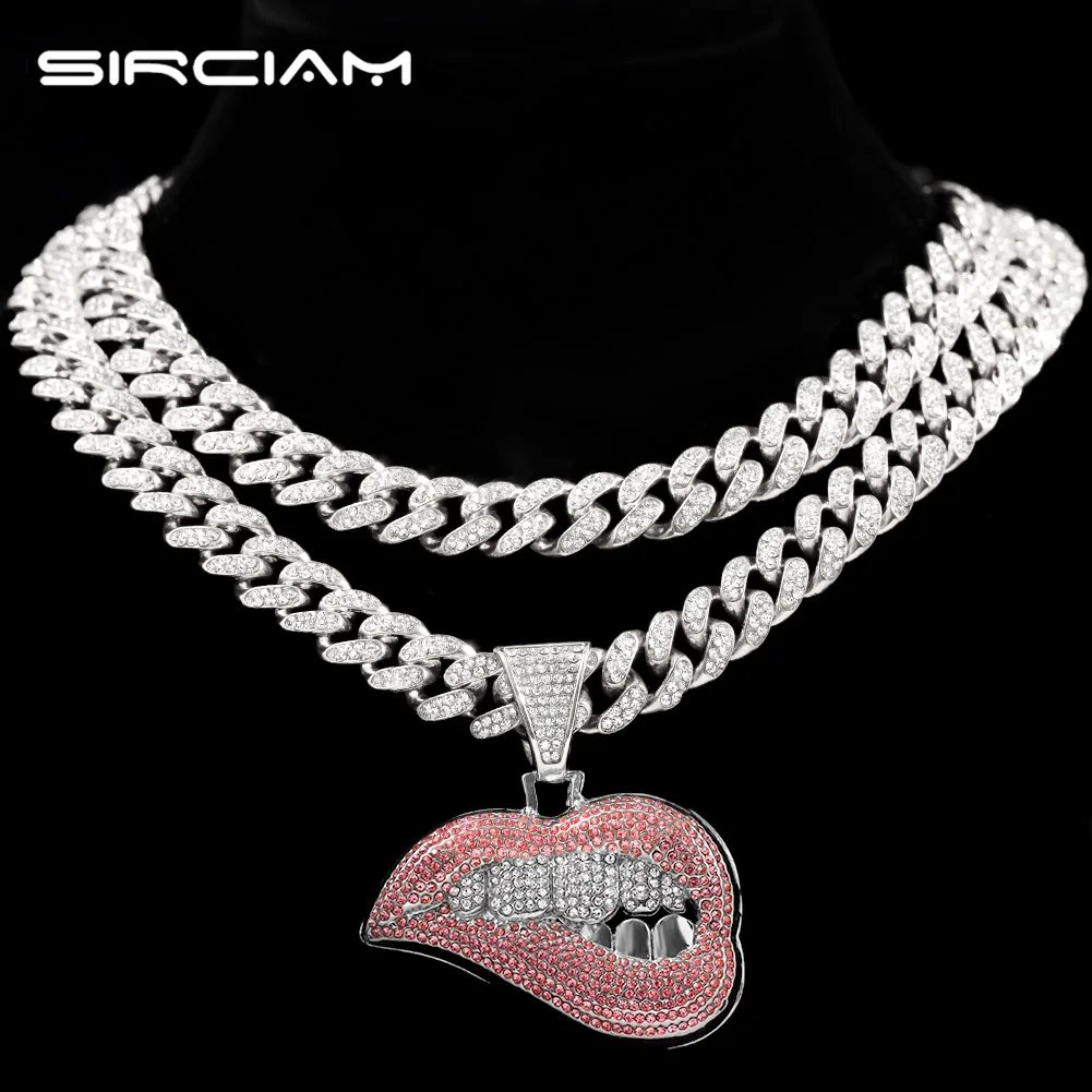 

Men Hip Hop Cuban Chain 13mm Cuban Link Men's Necklace Full Rhinestones Bite Lip Shape Pendant Necklaces Fashion Charm Jewelry