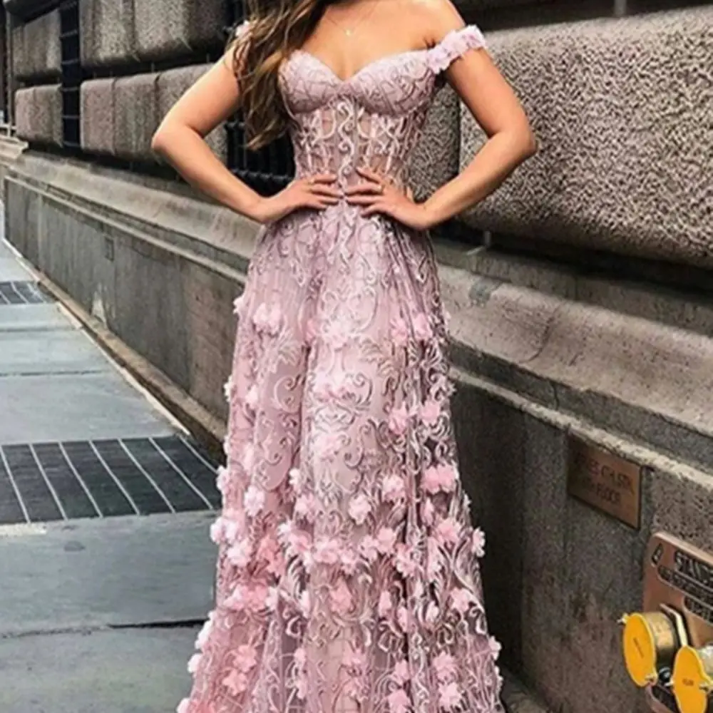 

2022 Pink Prom Dresses A-line Laces Off Shoulder Sweetheart Neck Flowers Floor Length Illusion Evening Dress платья знаменитост