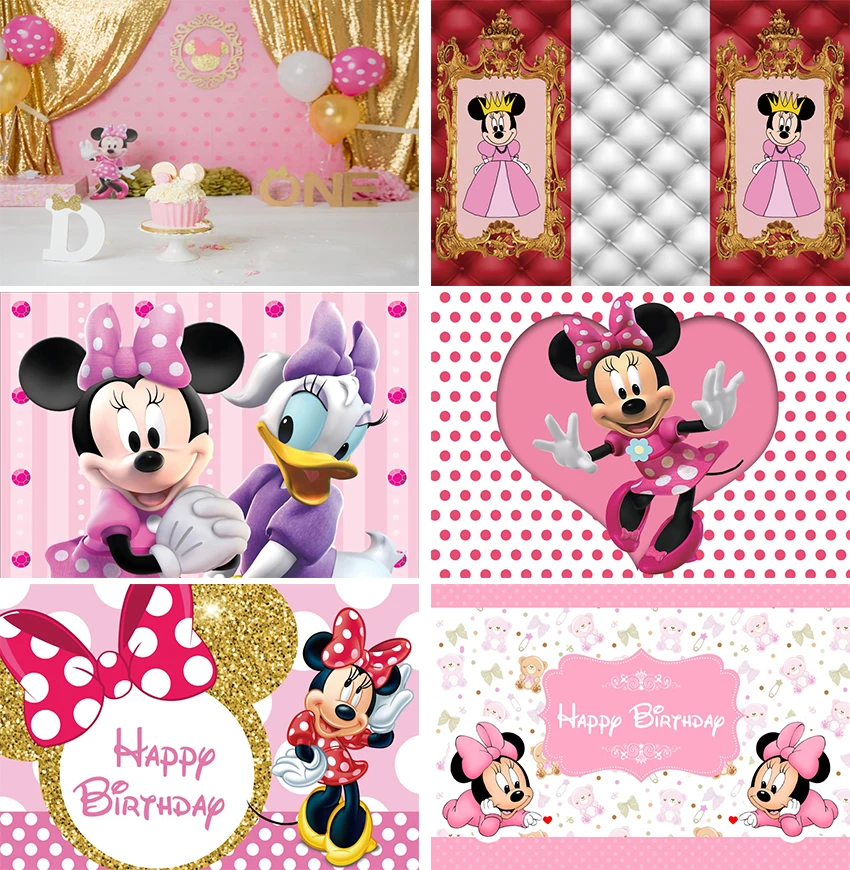 

Minnie Mouse Photo Backdrop Sweet Pink Happy Birthday Backdrops for Baby Girl Princess Pink Minnie Happy Birthday Background