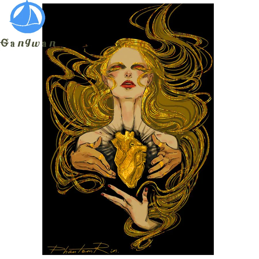 

Алмазная вышивка, абстрактная Золотая женщина, алмазная живопись, фантазия, сердце, искусство, полная вышивка крестиком, мозаика стразы, украшение для дома