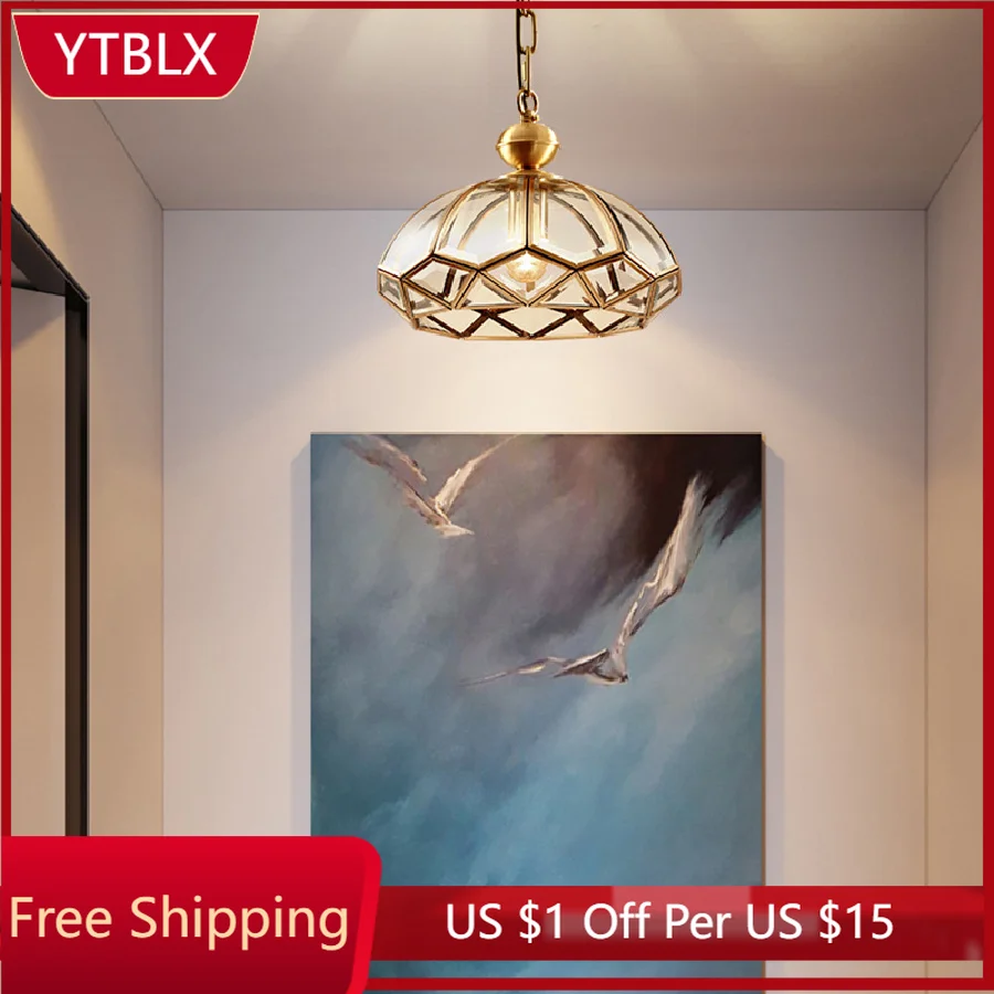 

Светильник для американского загородного коридора, простой медный и стеклянный потолочный светильник льник для гостиной, балкона, прихоже...