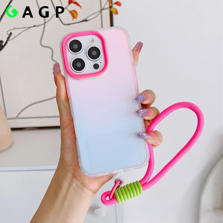 Luxury Wrist Strap Lanyard Aurora Gradient Matte Case for iPhone 16 12 11 15 14 13 Pro Max Plus Laser Shockproof Slim Cover