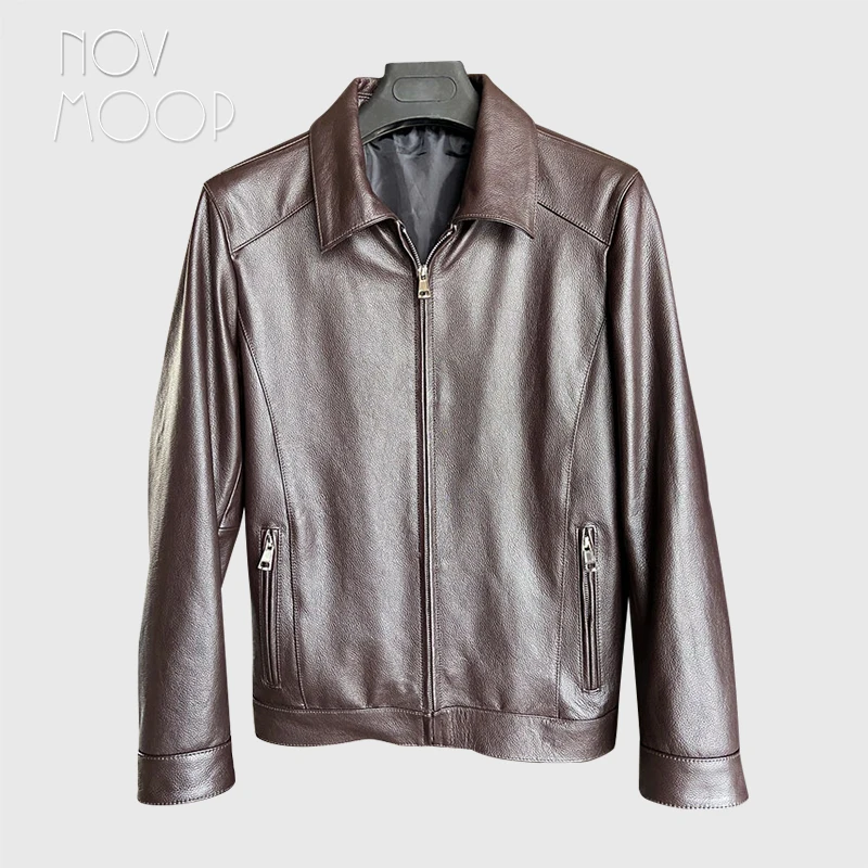 Фото Куртка Novmoop мужская из натуральной кожи, однотонная Повседневная Деловая одежда, подарок для мужа из воловьей кожи, LT3563 №3