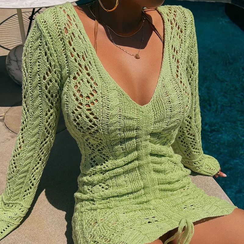

Fall Solid Color 2021 Sexy Hollow Ruffled Long Sleeve Tight Knit Sweater Mini Dress Summer Ladies Fashion Club Clothing Y2K