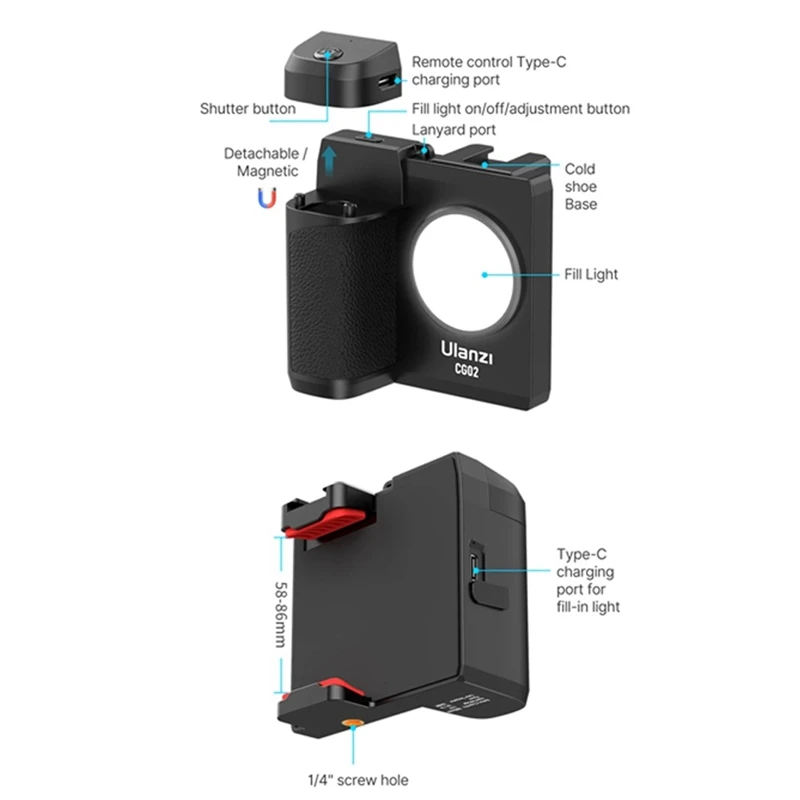 Ulanzi CG02 Smartphone Handheld Selfie Grip Bluetooth Remote With Fill Light Handle CRI 95+ 15M Zoom