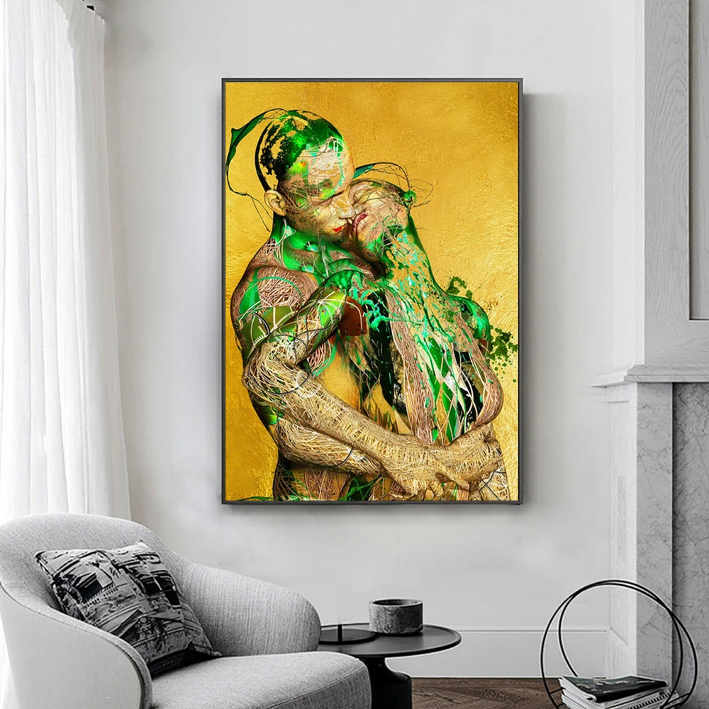 

Современные постеры для влюбленных с зелеными листьями и принтами, абстрактная фигурка, статуя, Художественная Картина на холсте, Настенная картина для декора гостиной