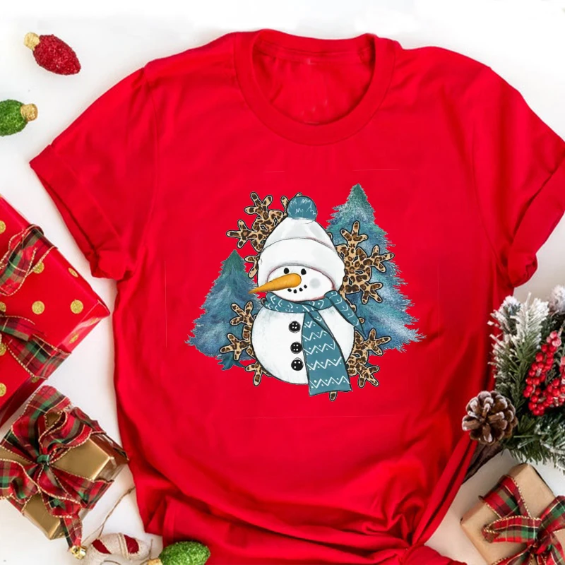 

Leopard Snowman Shirt Christmas Tshirt Beautiful Christmas Trees with Snowman Women Clothing Aesthetic Casual T Shirts L