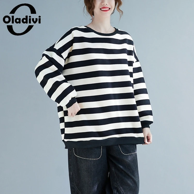 

Oladivi Casual Loose Velvet Hoodies Autumn Winter New Women Oversized Plus Big Striped Fleece Sweatshirts Warm Outerwears 9906
