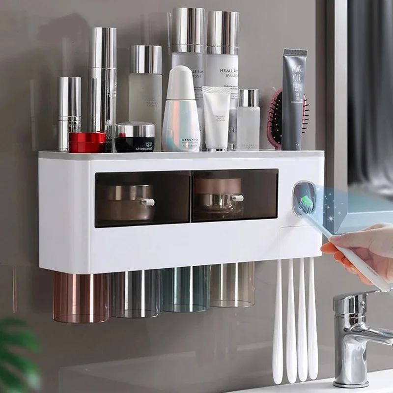 

Bathroom Organizer Automatic Toothpaste Squeezer Magnetic Adsorption Toothbrush Holder Home Bathroom Wall-Mounted Storage Shelve