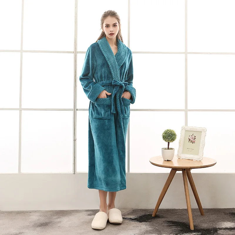 Women Men Winter Long Bathrobe Lovers Thick Warm Flannel Robe Bath Robe Sleepwear Couples Male Female Robes Dressing Gown