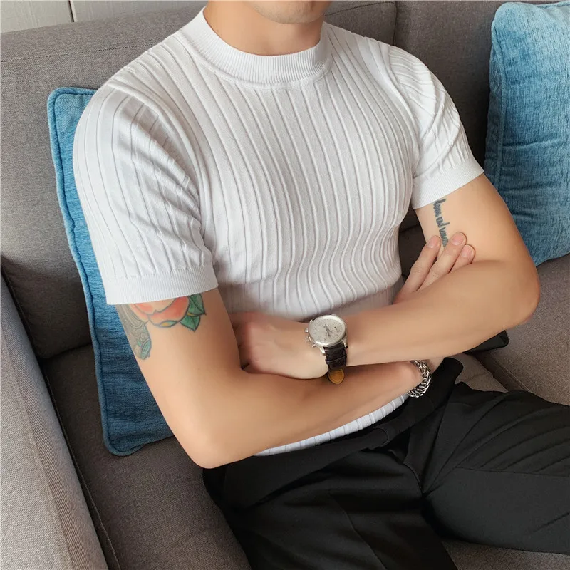 

2022 Summer High Quality Short Sleeve Striped Knitted T Shirts Men High Collar Slim Casual Stretched Tee Shirt Streetwear M-3XL