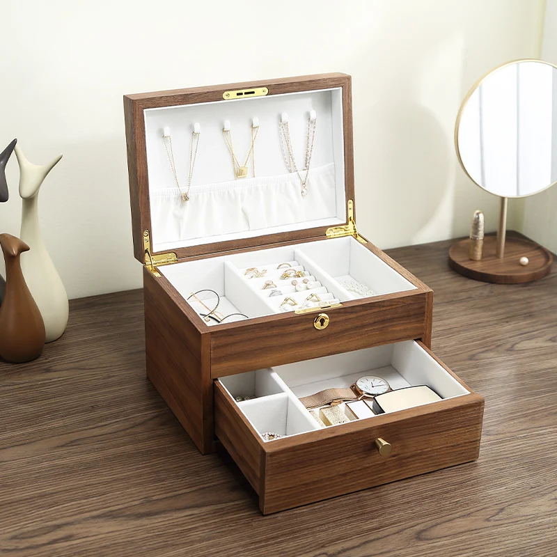 Double Layer Large Wooden Jewelry Box Organizer Women Men Jewelry Display Drawer Case Earrings Ring Necklace Jewellery Storage