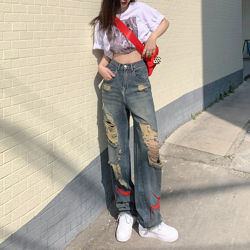 

New tall jeans women blue holes high waist loose Spice Girls Street trend straight pants children jeans vintage Korean jeans