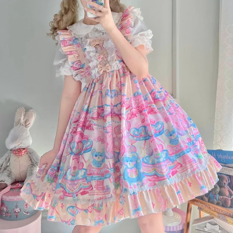 

Милое Платье Jsk в стиле "Лолита", женское платье с мультяшным медведем, кружевным бантом, без рукавов, на бретельках, милое женское мини-платье принцессы