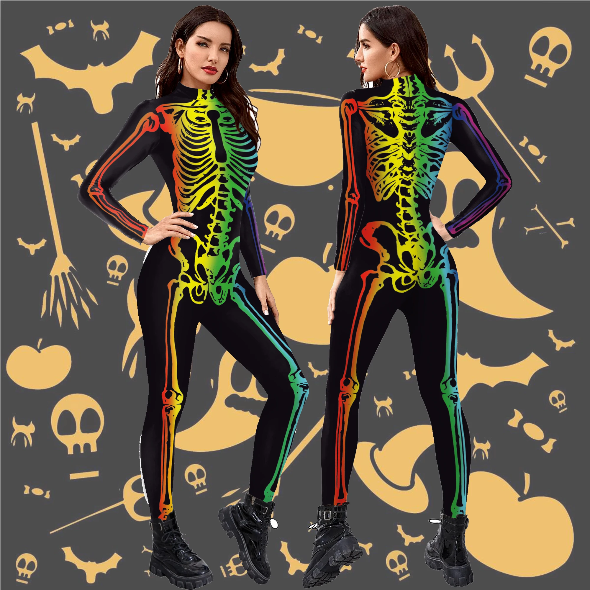 

Zawaland Halloween Carnival Purim Party Cosplay Bodysuit Women Cosplay Costumes Sexy Skinny Skeleton Printed Jumpsuit Catsuit