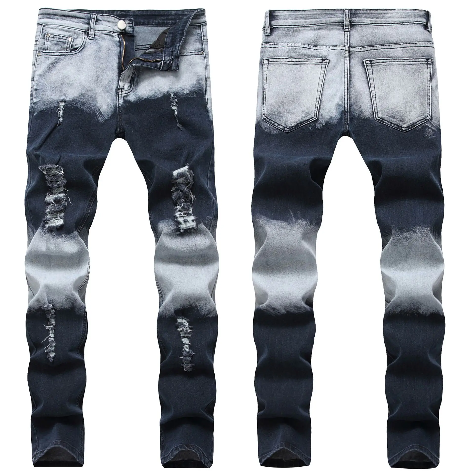 

New Arrival Mens Stretch Patchwork Color Ripped Jeans Men Zipper Distressed Hole Straight Slim Fit Jeans Denim Pants Male