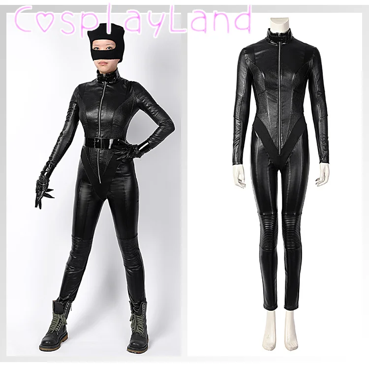 

Carnival Halloween High Quality Bat Superheroine Jumpsuit Cat Lady Selina Cosplay Kyle Costume Faux Leather Black Armor Outfit
