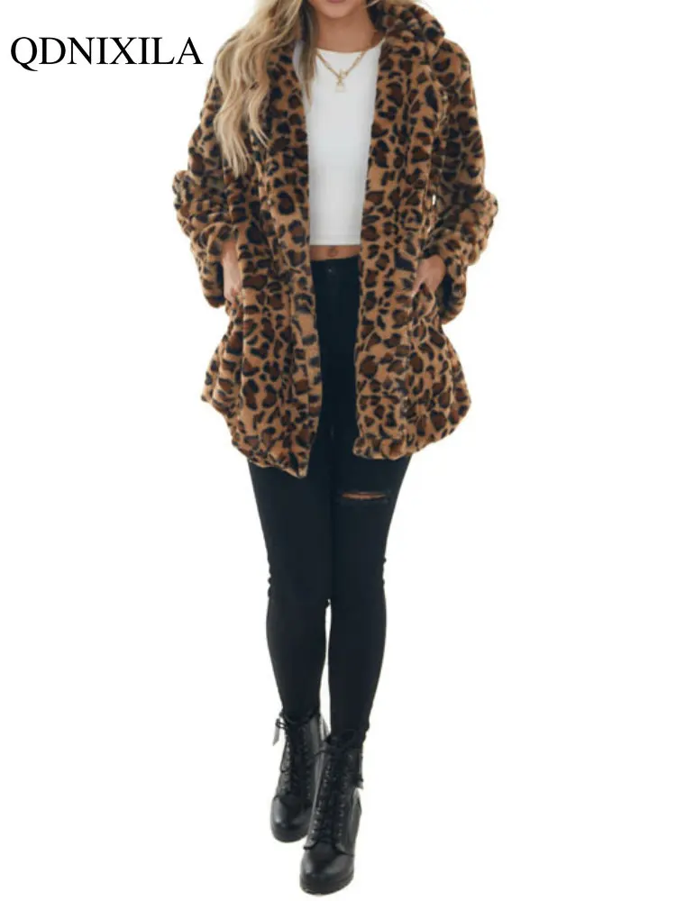 2023 Autumer Winter Coat Women Leopard Print Cardigan Jacket Coat Leather Fur Outfits Female Clothing Warm Furry Blouse Outwear