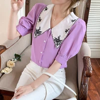 coigarsam shirt womens tops summer 2022 new puff sleeve peter pan collar white purple women shirts dropshipping
