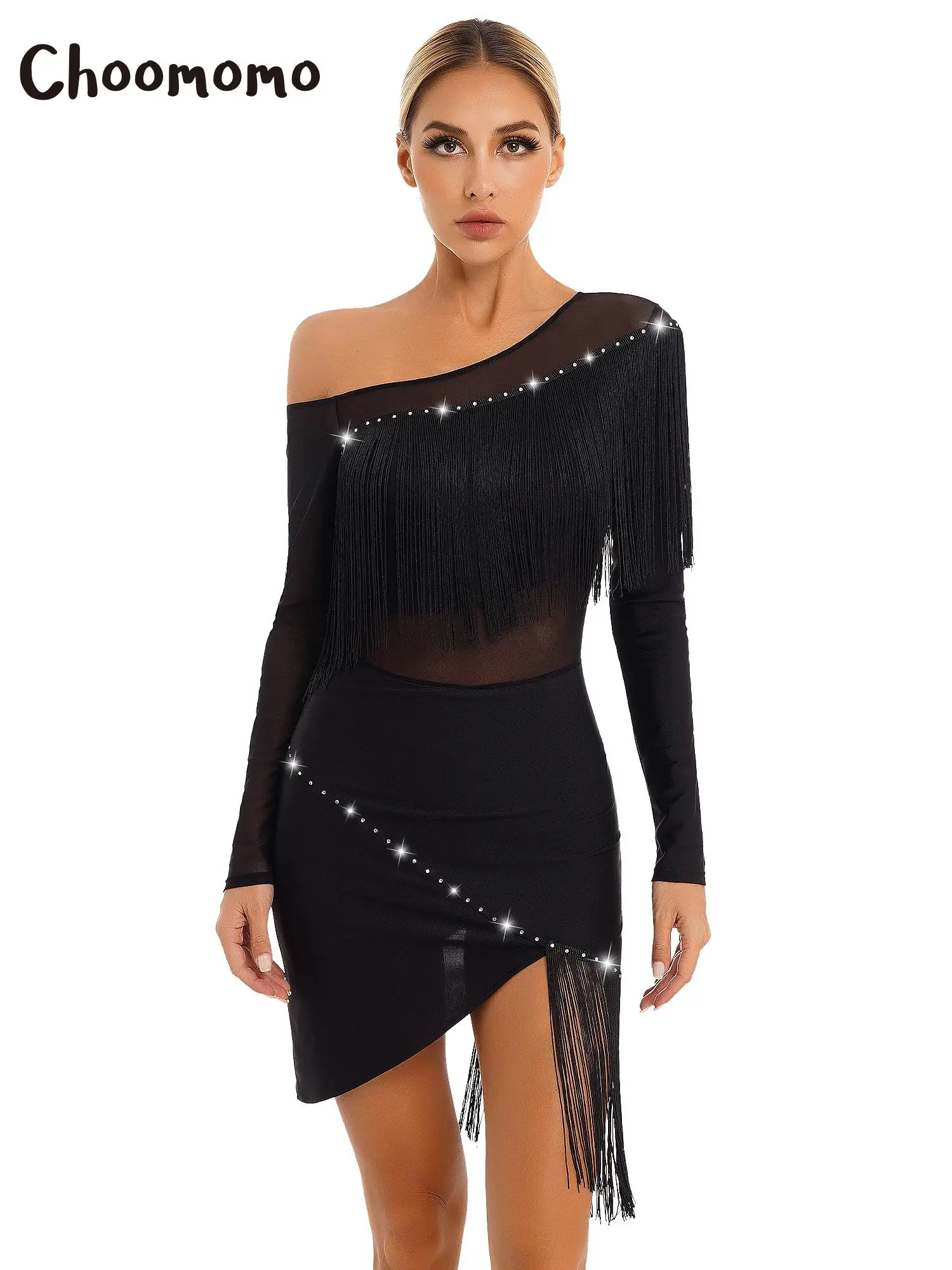 

Choomomo Womens Long Sleeve Latin Dance Dress with Tassel Sheer Mesh Patchwork Irregular Hem Dress for Tango Cha-Cha Samba Dress