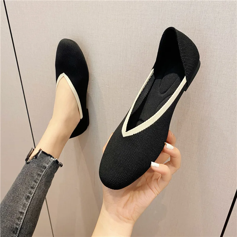 Women's Flat Shoes Ballet Breathable Knit Round Head Moccasin Mixed Color Soft Shoes Women Zapatos De Zapatillas Mujer Flats