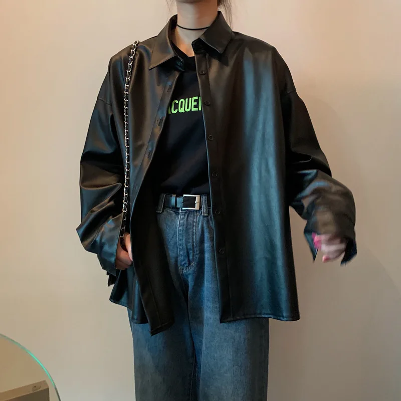 New chic Women oversized PU leather blouses 2022 Spring Autumn Black Faux Leather Basic Coat Turn-down Collar Motor Biker Jacket