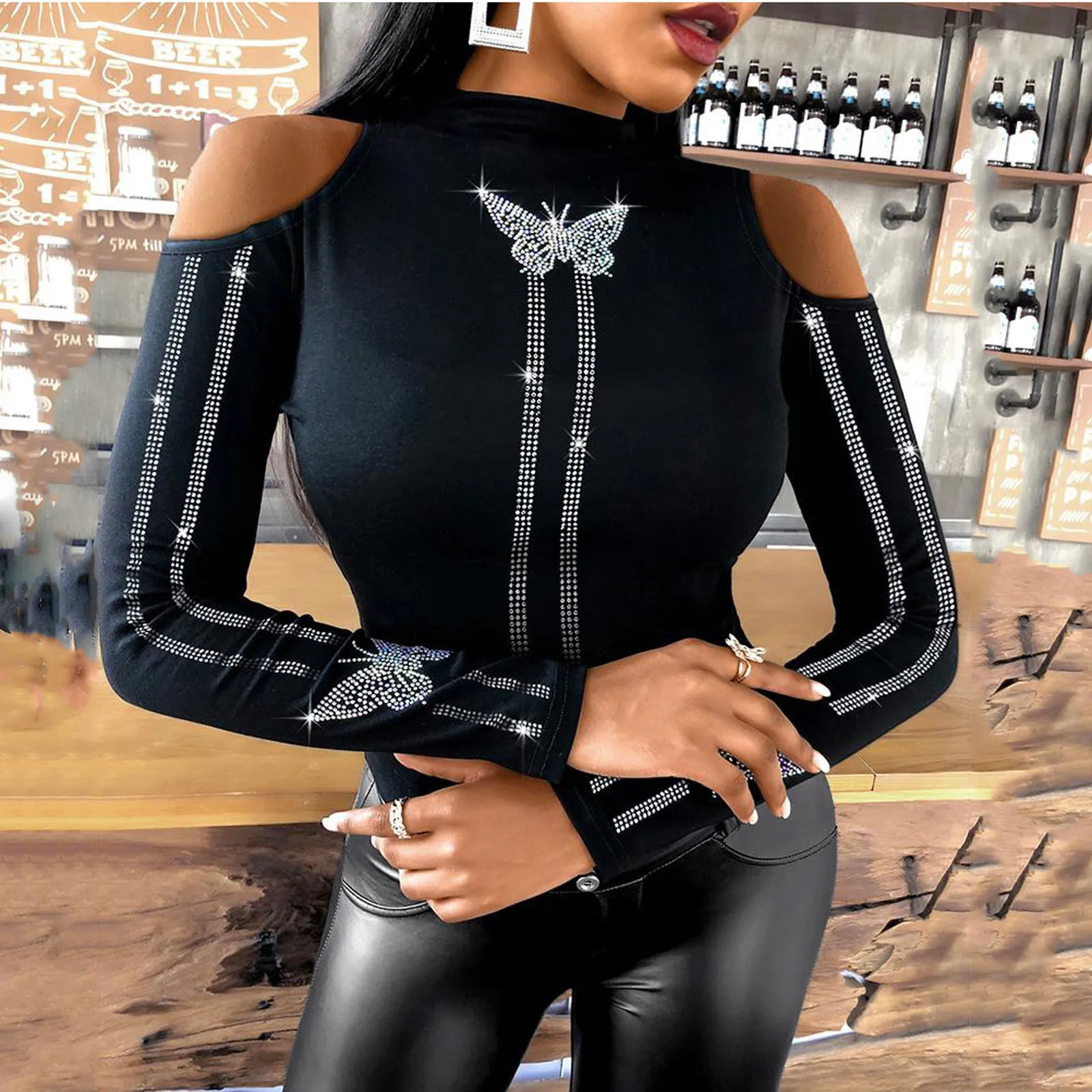 

Ladies Sexy Fashion Off Shoulder Tops Animal Pattern Rhinestone Casual Tops Women'S Winter Valentines Day Shirts for Women