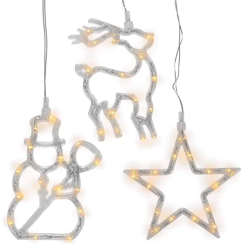 

Set Of 3 Window Stickers LED Warm White With Suction Cup Snowman Reindeer Star Interior Decoration Christmas Decoration