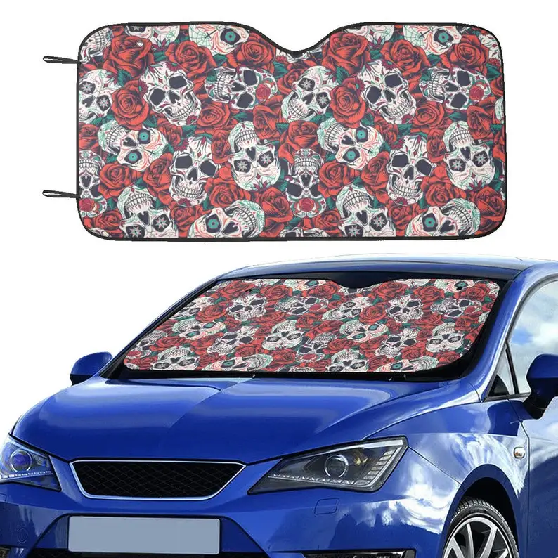 

Day of the Dead Windshield Sun Shade, Sugar Skull Red Roses Car Accessories Auto Cover Protector Window Visor Screen Decor 55" x