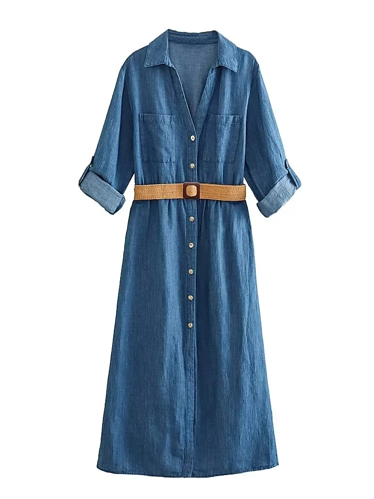 

Женское джинсовое платье с рукавом средней длины, однотонное