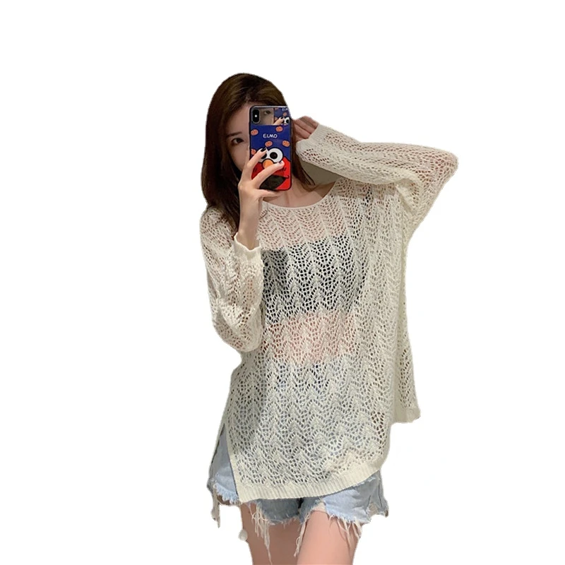 

Женский трикотажный топ средней длины, откровенный свободный сетчатый трикотажный топ с длинным рукавом для девушек, лето-осень 2023