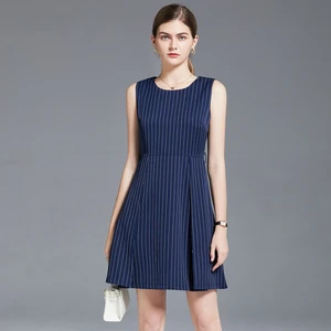 Korean summer short sleeve women's round neck large stripe business dark blue work clothes professional European vest dress