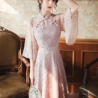 lace patchwork stand collar high waist improved cheongsam women summer elegant chinese style vintage buckle party dress female